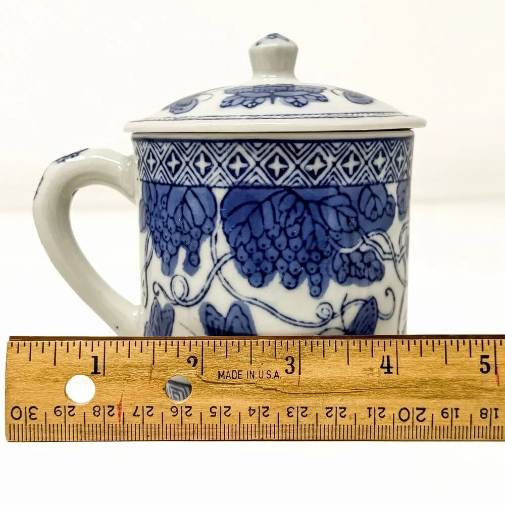 Blue White Chinese Porcelain Lidded Mugs Butterflies Grapevines Set of 4